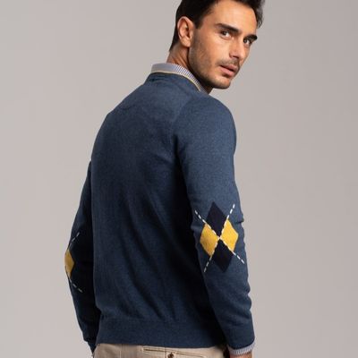 Maglia uomo scollo a V misto cachemire con toppe ad intarsio